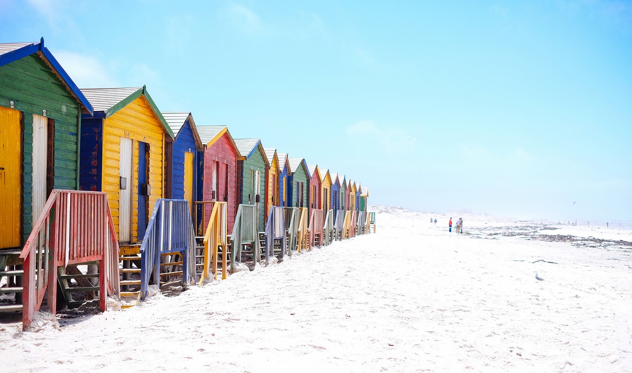 beach, beach huts, colorful