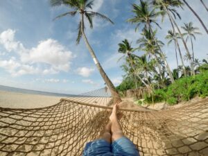 beach, hammock, blue sky, nature, clouds, palm trees, rest, relaxation, holiday, vacation, tropical island, coconut trees, island, leisure, palm, recreation, resort, sand, sea, seashore, summer, travel, tropical